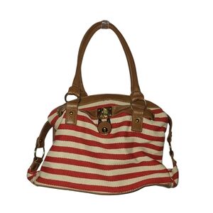 Striped Red and Cream Women's Bag With Gold And Tan Accents